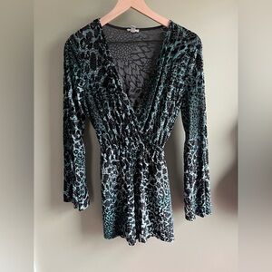 Urban Outfitters Ecoté Velvet Animal Print Bell Sleeve Romper - Size Medium